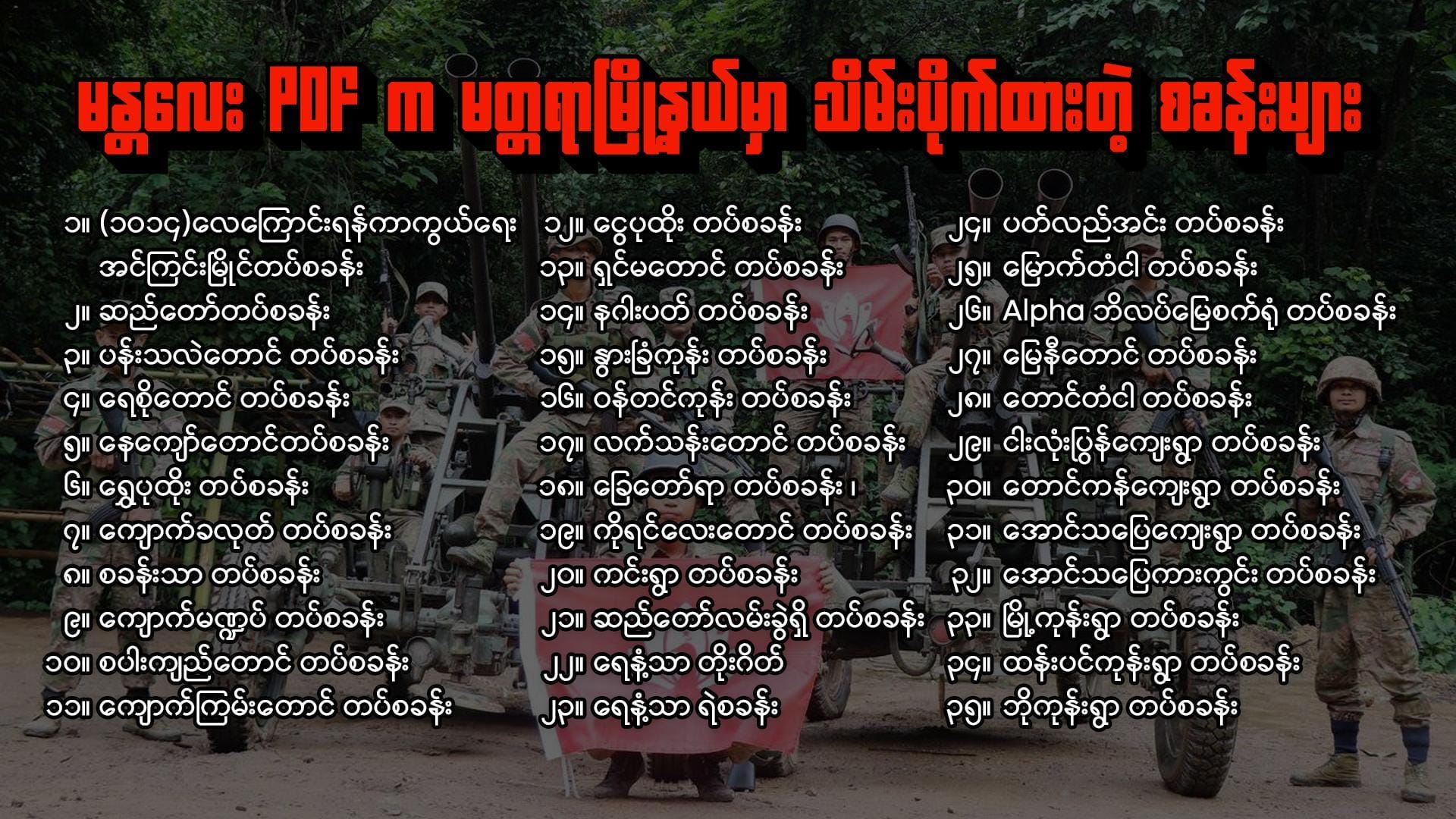 (မတ္တရာမြို့နယ်အတွင်း စစ်တပ်စခန်းနဲ့ စစ်တပ်တပ်စွဲရာ​နေရာ ၄၀ ခန့်ကိုသိမ်းပိုက်ထား​တဲ့မန္တ​လေး PDFတပ်ဖွဲ့ဝင်​တွေ။ဓါတ်ပုံ-မန္တ​လေးPDF)