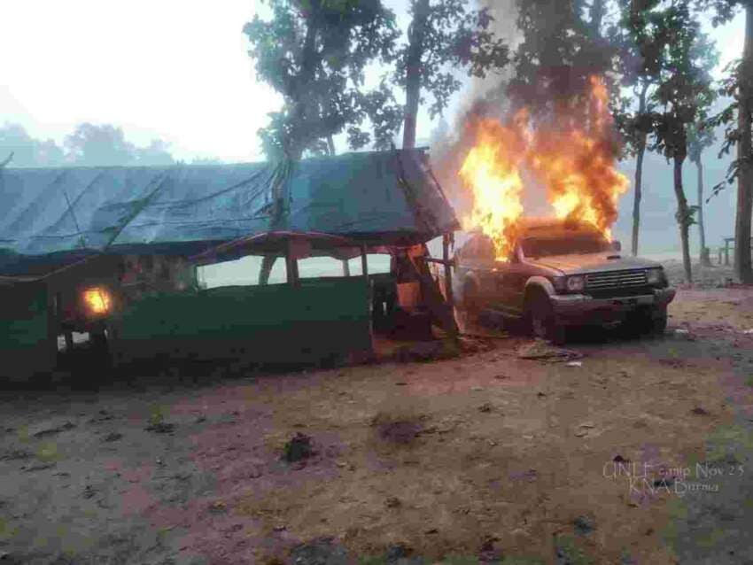 စစ်ကောင်စီ လက်အောက်ခံ ကသည်းလက်နက်ကိုင် ပူးပေါင်းတပ်ဖွဲ့ ဌာနချုပ်- UNLF/PLA ကို တော်လှန်ရေးတပ်များက ၂၀၂၃ နိုဝင်ဘာလတွင် သိမ်းပိုက်ပြီးနောက်တွေ့ရစဥ်။