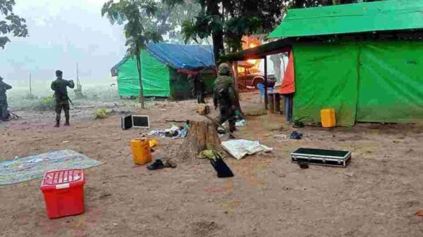 စစ်ကောင်စီ လက်အောက်ခံ ကသည်းလက်နက်ကိုင် ပူးပေါင်းတပ်ဖွဲ့ ဌာနချုပ်- UNLF/PLA ကို ​တော်လှန်​ရေးတပ်များက ၂၀၂၃ နိုဝင်ဘာလတွင် သိမ်းပိုက်ပြီး​နောက်​တွေ့ရစဥ်။