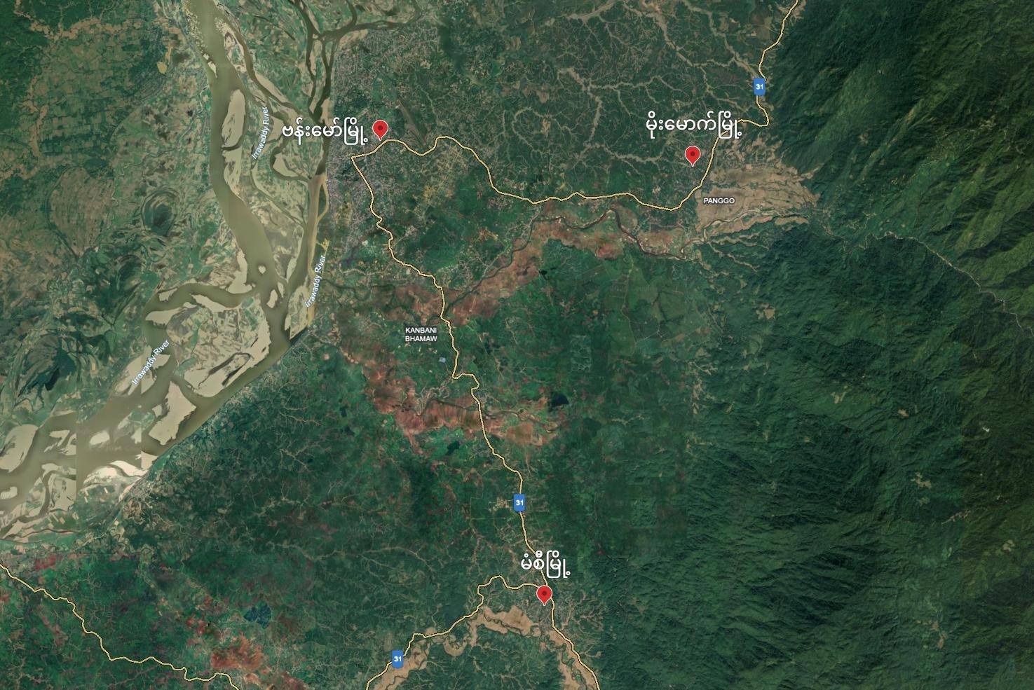 (KIA တပ်ဖွဲ့ဝင်များ နှင့် မံစီမြို့ ၊ဗန်းမော်မြို့ တည်နေရာပြမြေပုံ။ ဓါတ်ပုံ- KIA ၊ CJ)